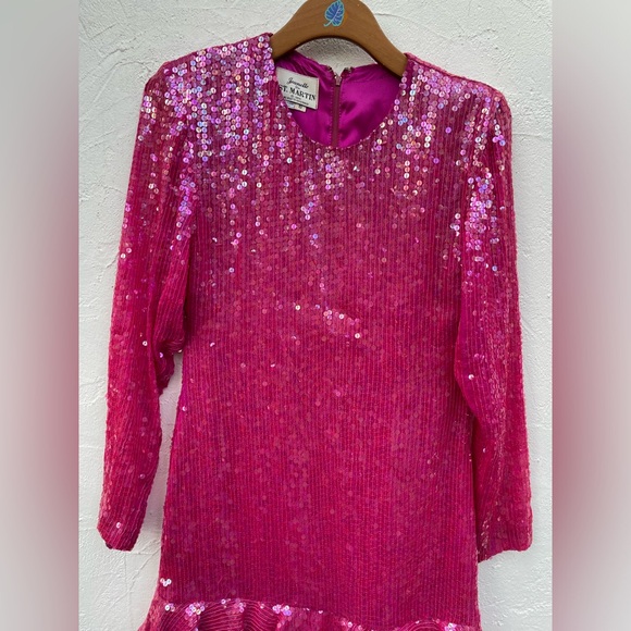 Vintage 80βs SEQUINS Hot Pink Cocktail Dress/ 80βs PINK Sheath Dress Size 6 - Picture 6 of 13